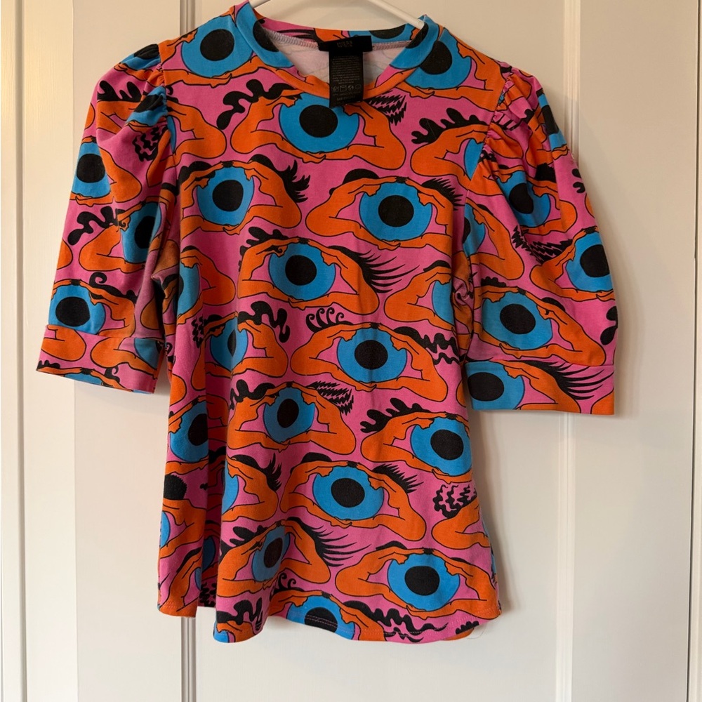 Nooworks Puff Sleeve Top in Psychedelic Eyes, size Medium